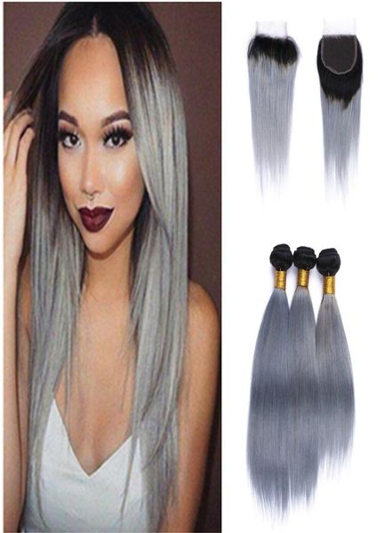Zweifarbige 1b graue brasilianische reine Haarwebart, Spitzenverschluss mit Bündeln, gerade Echthaarverlängerungen, Ombre, silbergraues Haar mit 2574086
