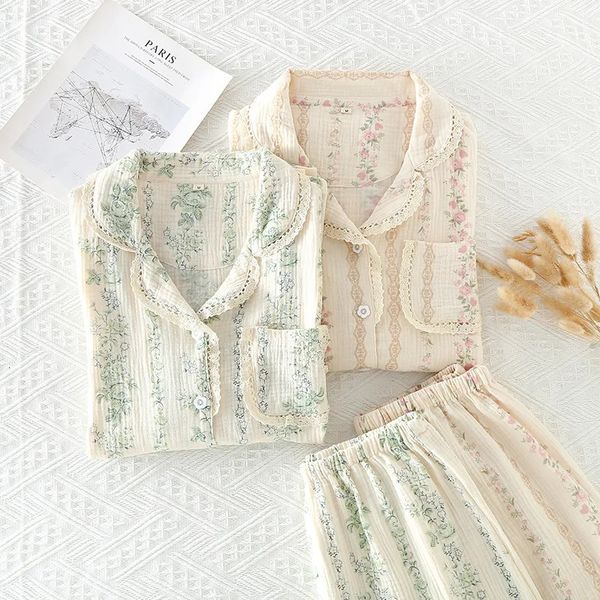Nova primavera/verão pijamas femininos calças de manga comprida conjunto de 2 peças 100% algodão puro crepe feminino conjunto de móveis para casa 240301