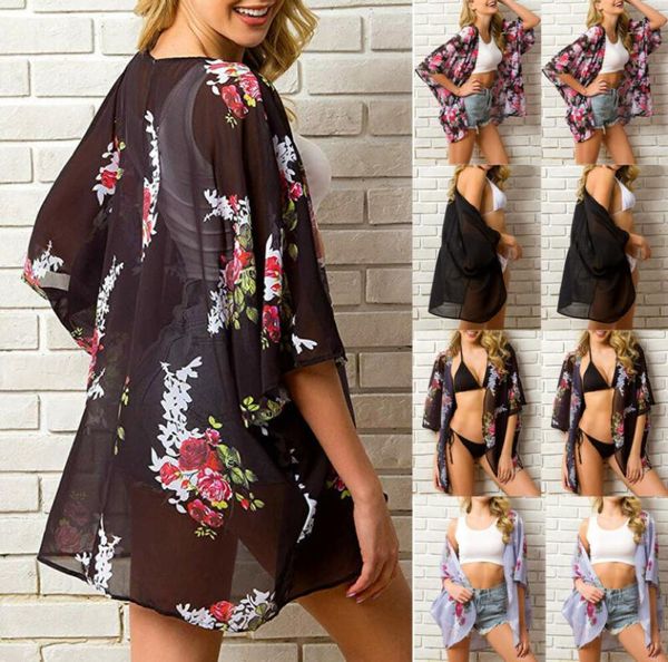 Damen-Kimono-Cardigan mit Blumenmuster, Chiffon-Schal, Strand-Cover-Up-Bluse, Weste, Hemd 1470630