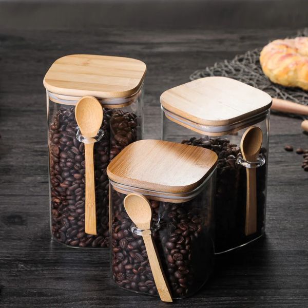Caixa de armazenamento de cozinha de ferramentas de tamanho 8001200ml, usando frasco de feijão de café enlatado de vidro transparente selado, com colher e tampa de bambu