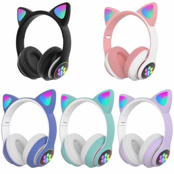 Kulaklıklar En İyi Hediye Led Kedi Kulak Kablosuz Kulaklıklar Bluetooth 5.0 Gençler Çocuk Kulaklık Desteği Yakın LED 3.5mm Fiş Mikro