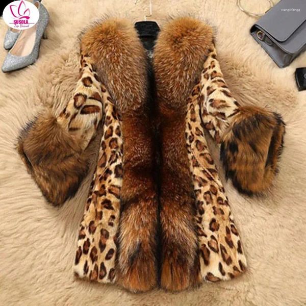 Casaco de pele feminino susola elegante inverno falso leopardo impressão guaxinim quente engrossar casacos de luxo mulher solta outwear 4xl