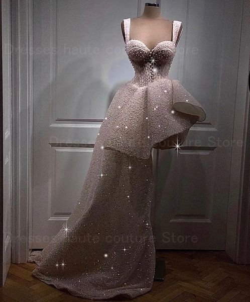 Blingbling parti elbise fırfırlı moda pileler kayışlar dubai arapça açık pembe resmi elbiseler inciler seksi ön korse balo elbisesi 240227