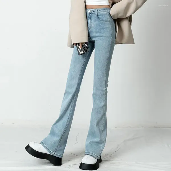 Jeans femininos flared pele-toque mulheres bolsos bonito fino ajuste elástico calças jeans roupas femininas