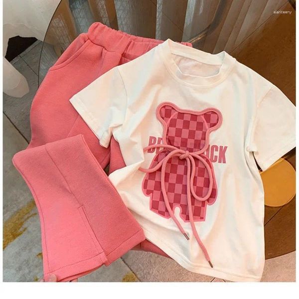 Kleidung Sets Baby Mädchen Set Sommer Kinder Rosa Cartoon T-shirt Ausgestellte Hosen 2PCS Outfits Kinder Teenager Kostüm Anzug Streetwear