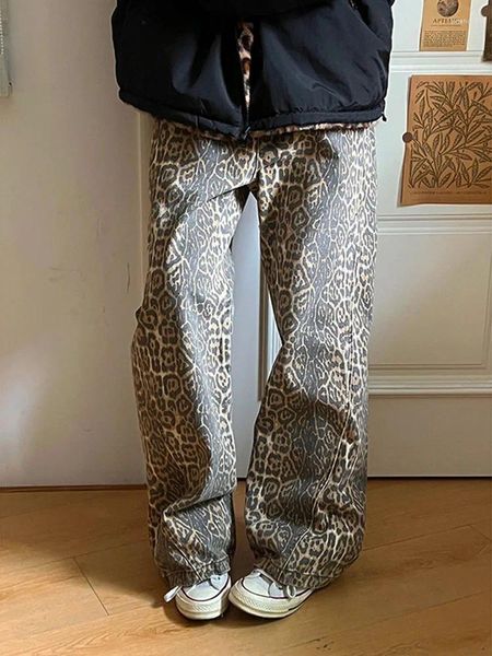 Jeans da donna WCFCX STUDIO Y2K American Retro High Street Loose Casual Leopard Print Donna Pantaloni lunghi in denim dritto a gamba larga versatile