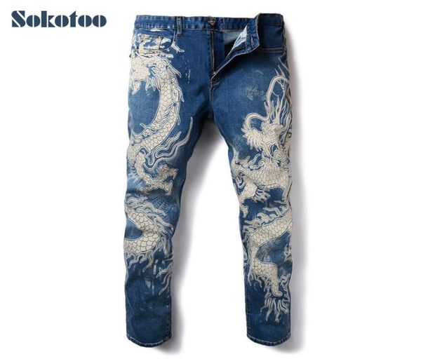 Sokotoo Men039s Moda Dragão Impressão Jeans Masculino Desenho Colorido Pintado Calça Jeans Slim Elástico Preto Calças Compridas Y190723018579725