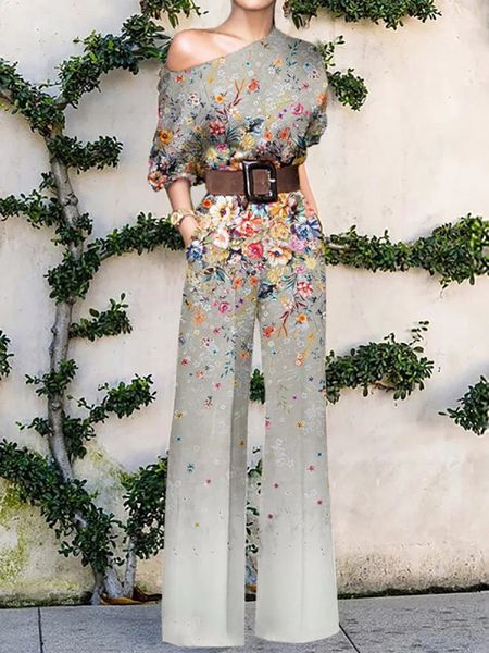 Mulheres elegantes senhora do escritório solto calças largas perna bodysuits skew colar floral impressão doce senhoras macacões moda streetwear 240229