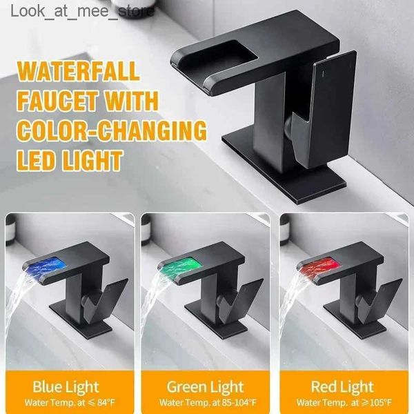 Rubinetti per lavandino del bagno LED cascata in ottone massiccio nero rubinetto del bagno monoforo rubinetto per lavandino del bagno rubinetto a 3 colori con sostituzione della luce rubinetto monocomando Q240301