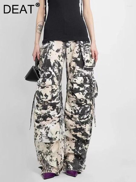 Calças jeans femininas moda decoração multi bolsos camuflagem impressão reta solta calças jeans streetwear primavera 2024 7ab3572