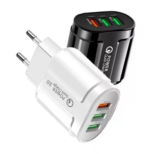 Carregador USB de carga rápida 3.0 28 W Adaptador de 3 portas USB QC 3.0 UE EUA Reino Unido Plugue de parede para celular Carregador de parede doméstico de carregamento rápido Adaptador de viagem para iPhone