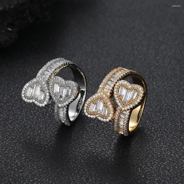 Eheringe RACHELZ Licht Luxus Kubikzirkonia Herz Iced Out Ring Hip Hop 14 Karat Echtgold Überzogene CZ Stein Zirkon für Männer Frauen Schmuck