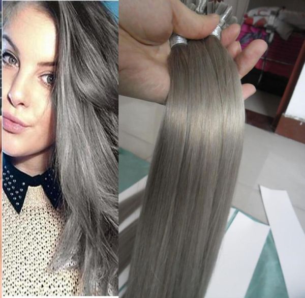 Gümüş Gri Saç Uzantıları U Tip Saç Uzantıları 100g 100s Önden Bağlanmış Keratin Çubuk Tip İnsan Saçı8145038