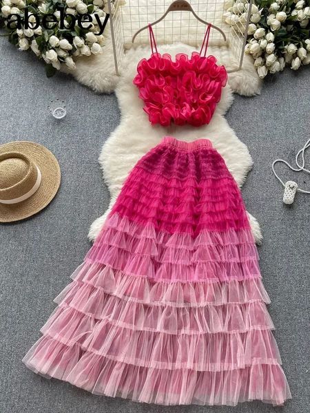 Kadın örgüsü şeffaf bikini üst set kamis mahsul üst ve kek pileli uzun etek iki parçalı mayo plaj elbisesi 240301
