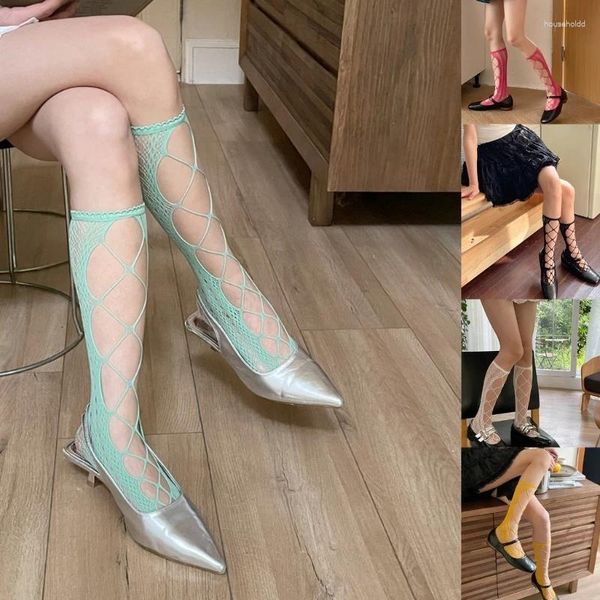 Frauen Socken Sommer Tragen Bandage Hollows Fishnet Strumpfhosen Einfarbig Elastische Knie Länge Strumpf Für Partys