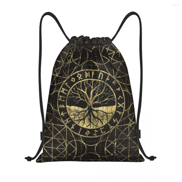 Sacos de compras Árvore da Vida Yggdrasil e Runas Cordão Dobrável Ginásio Esportes Sackpack Viking Norse Símbolo Mochilas de Armazenamento