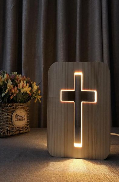 Lampada da tavolo creativa in legno a forma di croce, luci notturne a LED in legno scavato, lampada da tavolo USB bianca calda8720634