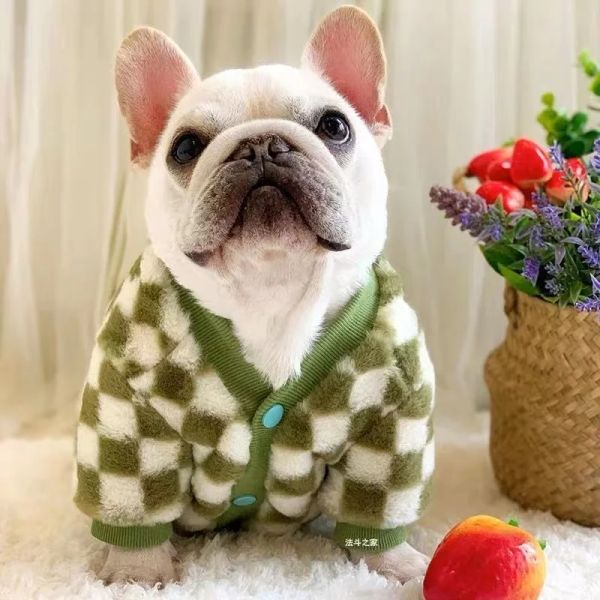 Ceketler Fransız Bulldog Kış Köpek Giysileri Ceket sıcak ve kalınlaşmış yelek şişman köpek kostümü Bulldog Pug yeşil ekose evcil köpek giysileri