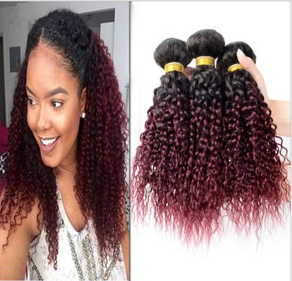 Kinky Curly Virgem Brasileira Borgonha Ombre Cabelo Humano Tece Extensões 1B99J Raiz Escura Vinho Tinto Ombre Virgem Remy Cabelo Bundles3700334