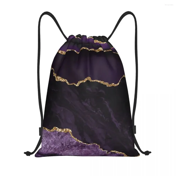 Сумки для покупок Фиолетовый и золотой агатовый рюкзак на шнурке для женщин и мужчин Спортивный спортивный рюкзак Портативный мраморный геометрический тренировочный мешок
