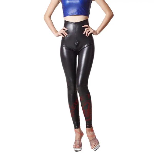 Capris quente sexy cintura alta lápis calças wetlook falso látex leggings calças com zíper virilha molhado olhar legging couro do plutônio spodnie pantalon