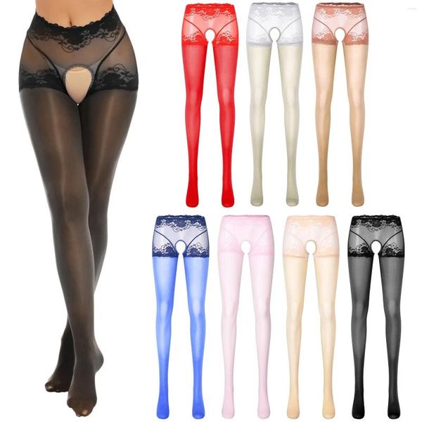 Calcinha feminina óleo brilhante aberto virilha meias transparente suspender meia-calça sexy senhora recorte elástico