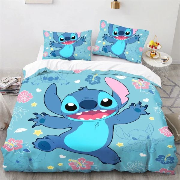 Set Set Niedlichen Stich -Cartoon -Bettwäsche -Set für Kinder Jungen Mädchen Anime Quilt Set niedliche Cartoon Bettdecke 1 Bettdecke und 2 Pillowcas Sheer Vorhänge