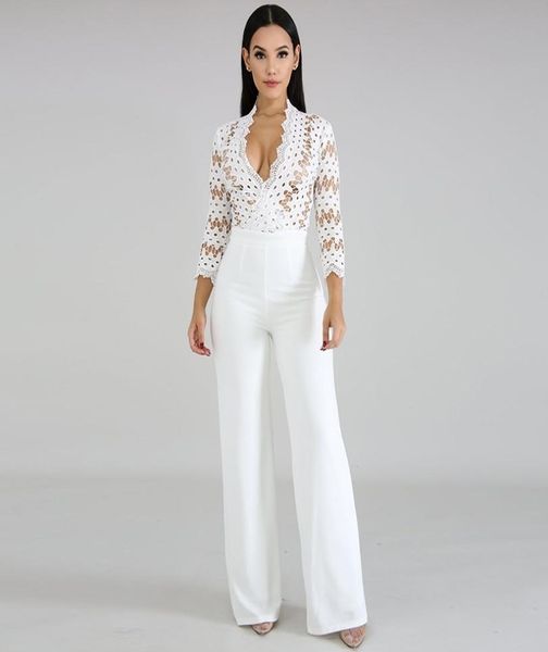 Manga comprida sexy feminino culotte macacão de uma peça elegante festa à noite cocktail casamento perna larga macacão renda oco branco y208979589