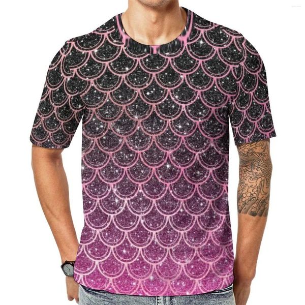 Homens camisetas Sereia Escalas Camisa Homem Ombre Glitter Impressão Engraçado Original Trendy Tees Manga Curta Gráfico Oversized Roupas