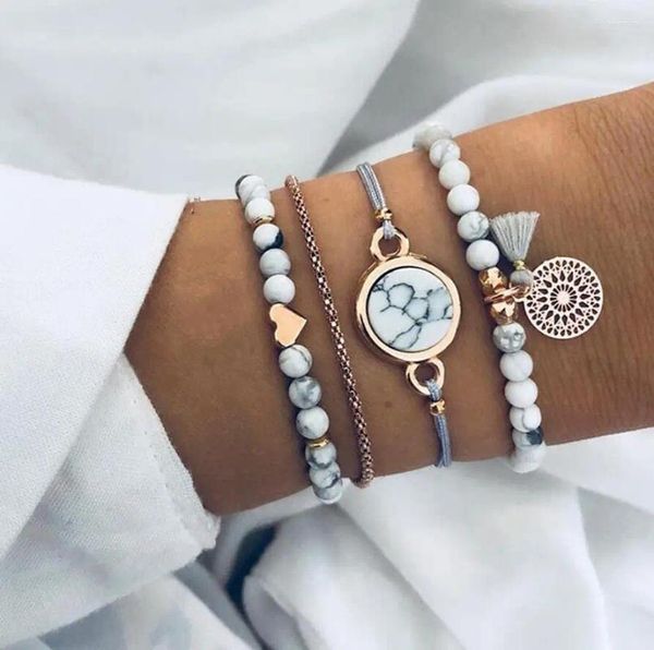 Charm-Armbänder HNSP Türkis Stein Muster Quaste Perlen Armband Set für Frauen Handkette Schmuck Zubehör