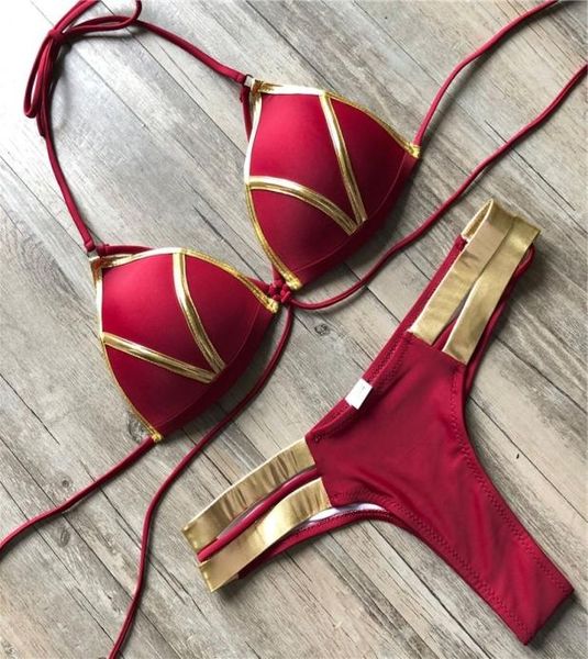 Vermelho roupa de banho push up maiô feminino halter biquini acolchoado maiô ouro carimbo brasileiro conjunto de biquíni tanga sexy biquíni y200318735155