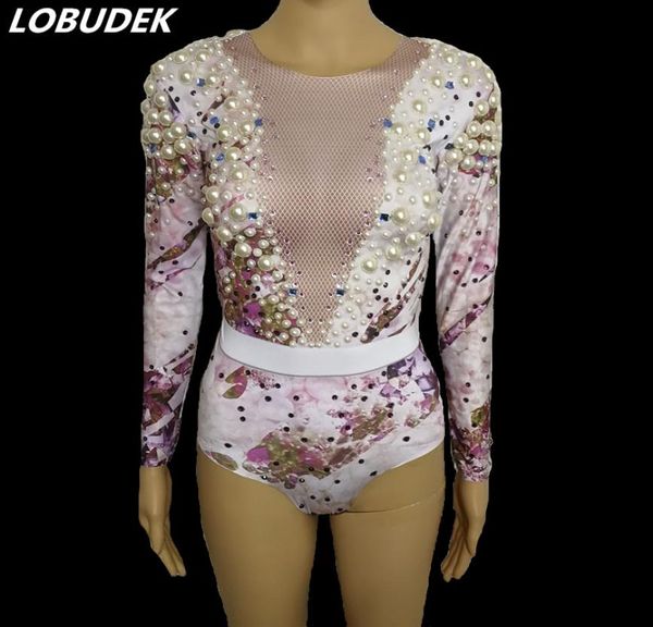 Bling cristais branco pérola manga longa bodysuit sexy boate feminino dj cantor ds traje festa celebração mostrar roupas de palco wh2932072