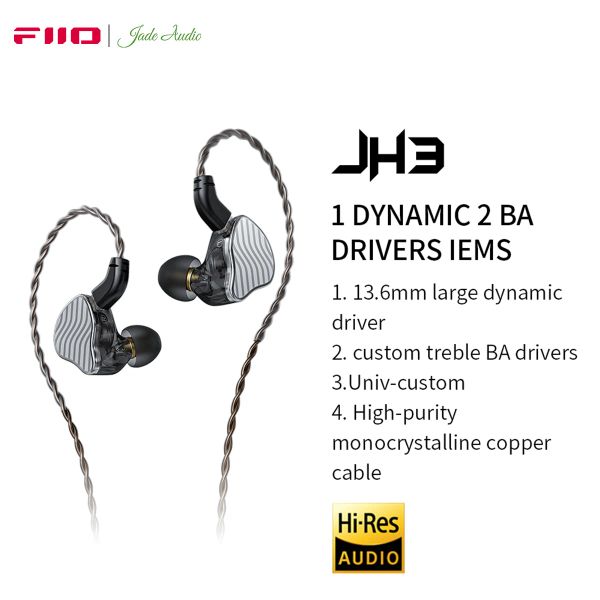 Kulaklık Fiio Jadeaudio JH3 1DD+2BA Üçlü Hibrid Sürücü Mezar Kulaklık IEM HIFI Çıkarılabilir 0.78 Kablo Bas