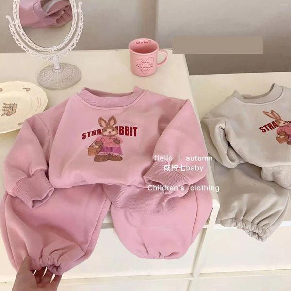 Set di abbigliamento Coreano Autunno Inverno Kid Girl 2 pezzi Set di vestiti Cartoon Rabbit Print Pullover Suit Cotton Fleece Solid Pant Bambini Outfit