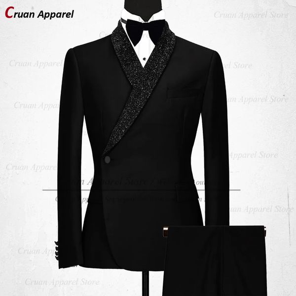 Lüks resmi siyah düğün erkekler takım elbise seti ince fit sağdı damat tuxedo beyaz tasarımlar parlak şal yaka blazer pantolon 2pcs 240221