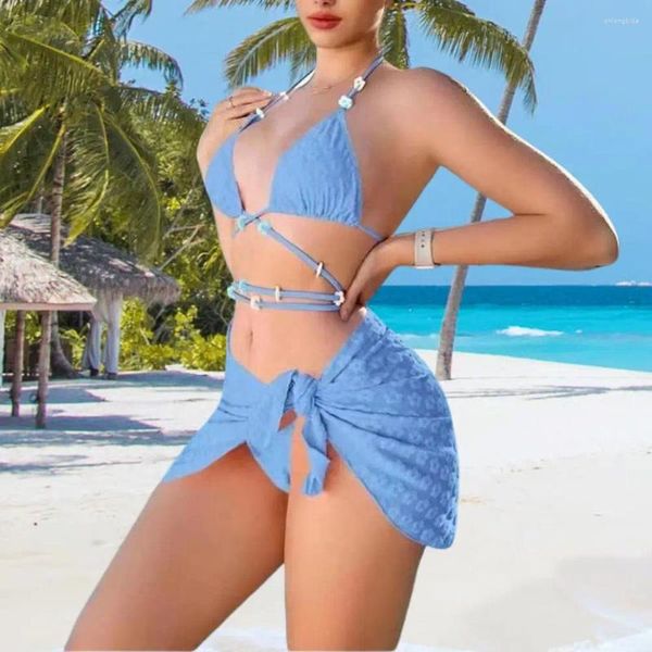 Maiô feminino acolchoado com cintura alta, conjunto de biquíni cruzado com renda e tanga, saia sexy para praia