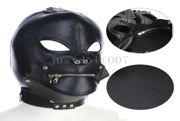 Maschera in pelle Cappuccio Cerniera bavaglio Halloween Full Gimp Occhi aperti Schiavo con serratura Giochi sessuali Giocattolo R782307279