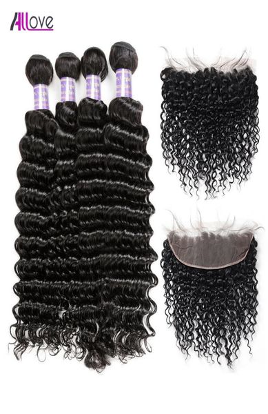 Allove Brasilianische Indische Extensions Peruanisches Wasser Menschliches Haar Bundles Mit Verschluss 13x4 Spitze Frontal Körper Lose Tiefe Verworrene Lockige fo3217836