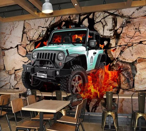 Papel de parede personalizado 3d estereoscópico jeep carro quebrado bar café pintura moderna arte abstrata mural sala estar quarto 8921501