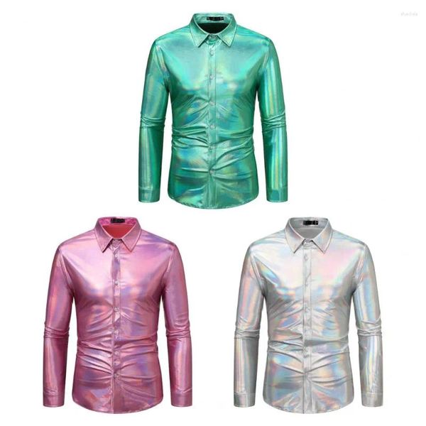 Camisas de vestido masculinas lapela camisa de manga longa homens disco lantejoulas para traje de festa de botão com Natal