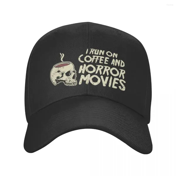 Berretti I Run On Coffee and Horror Movies Casquette con teschio Berretto in poliestere Cappello moderno Regalo traspirante Bello