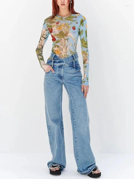 Frauen Jeans Y2K Frühlings- und Sommer Hollow Cross Draw String Taille Baumwolle für Frauen2024Korean Fashion Casual Straight Woman Hosen