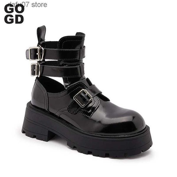 Botas GOGD Marca Moda Mulheres Ankle Boots Buckle Strap Sapatos Chunky Heels Split Couro Grosso Sole Street Style Motorcycle ShoesH2431