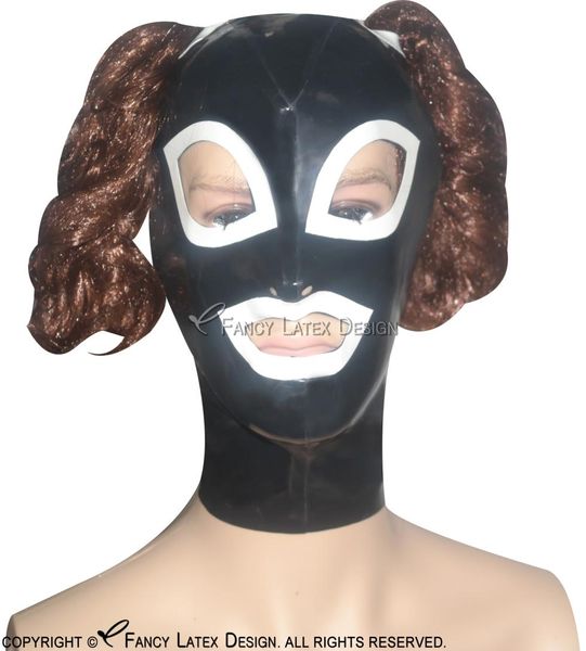 Sexy Zopf-Latex-Haube mit Reißverschluss hinten, offene Augen, Mund, Nase, Gummimaske in Übergröße, 00161629066