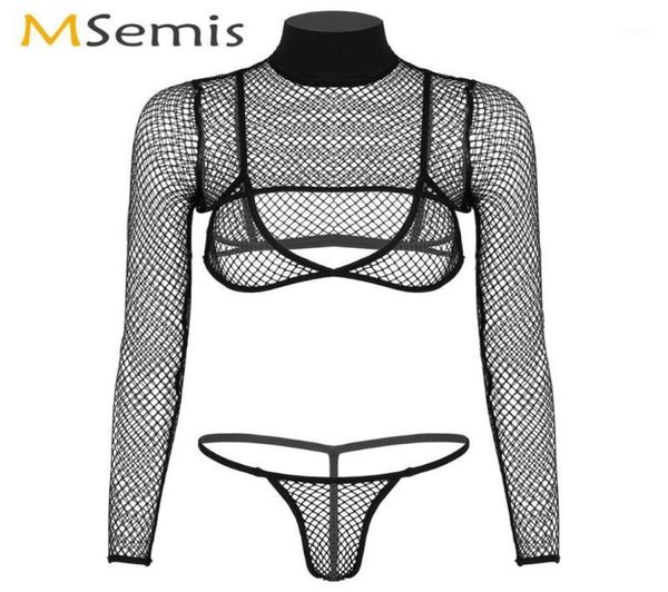 Damen-Porno-Stripper-Outfit, transparentes Pole-Dance-Fischnetz-Dessous-Set, Clubwear, langärmliges Shrug-T-Shirt mit Triangel-BH-Slip15489944