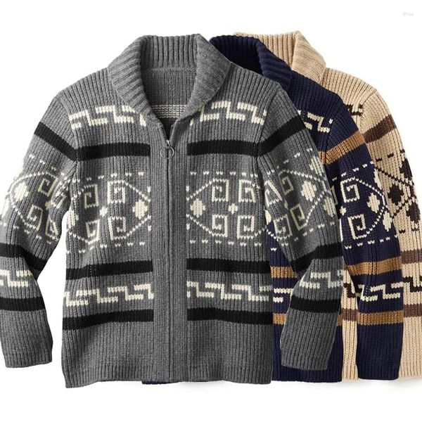 Maglioni da uomo Cardigan con zip lavorato a maglia Uomo Maglione vintage Autunno Inverno Collo a scialle Giacca in maglia Casual Maglieria jacquard geometrica