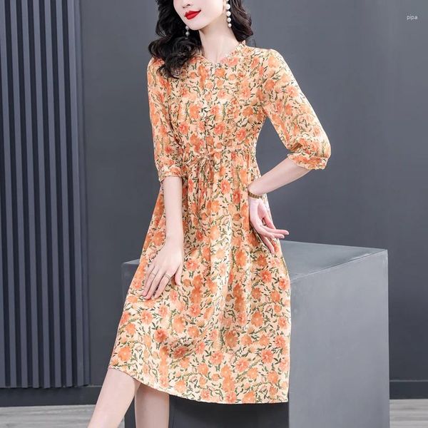 Casual Kleider Sommer Hohe Qualität Natürliche Seide Kleid Mode Vintage Print Runway Midi Elegante Frauen Bodycon Vestido