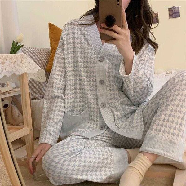 Designer Mulheres Pijamas Pijamas De Algodão Mulheres Houndstooth Primavera Pijama Manga Longa Pijama Feminino Conjunto Mulher 2 Peça Loungwear Nightwear DesignerXJPC