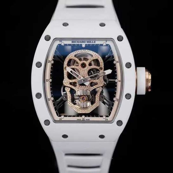 Celebrity Watch Freizeitarmbanduhren RM Armbanduhr Rm52-01 Totenkopfkopf weiße Keramik manuelle mechanische Vollhohlbewegung Herrenuhr