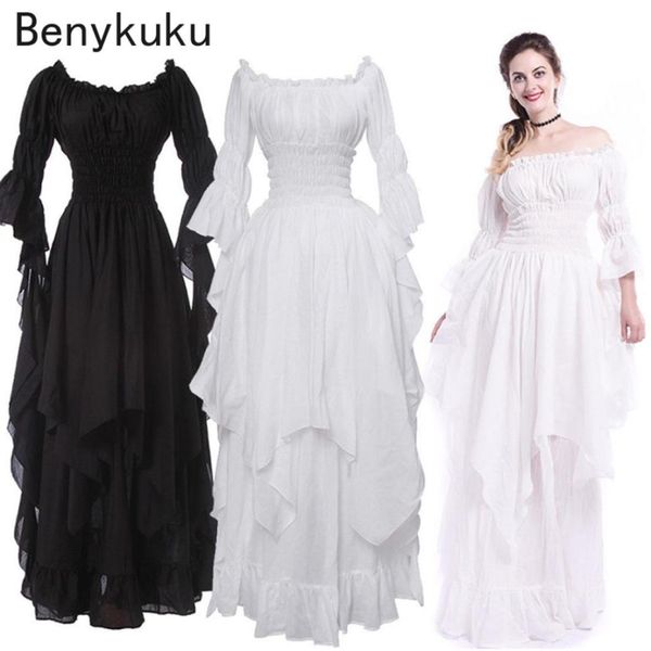 Beyaz Viktorya Ortaçağ Uzun Elbise Artı Beden Kadın Cosplay Cadılar Bayramı Kostüm Prenses Elbise Rönesans Vintage Gotik Elbiseler Q075261330